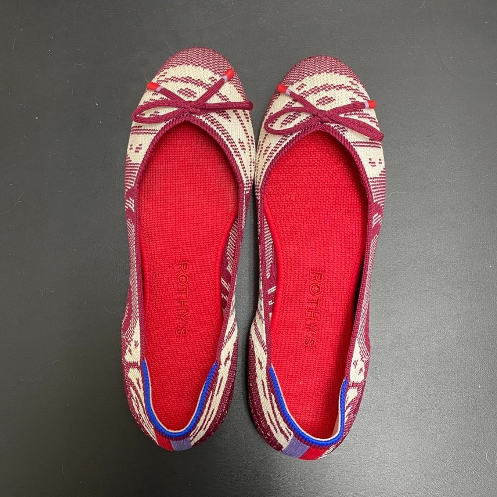 Rothy's "The Flat" Maroon/Cream Roundtoe Ballet Flat with Bow Accents